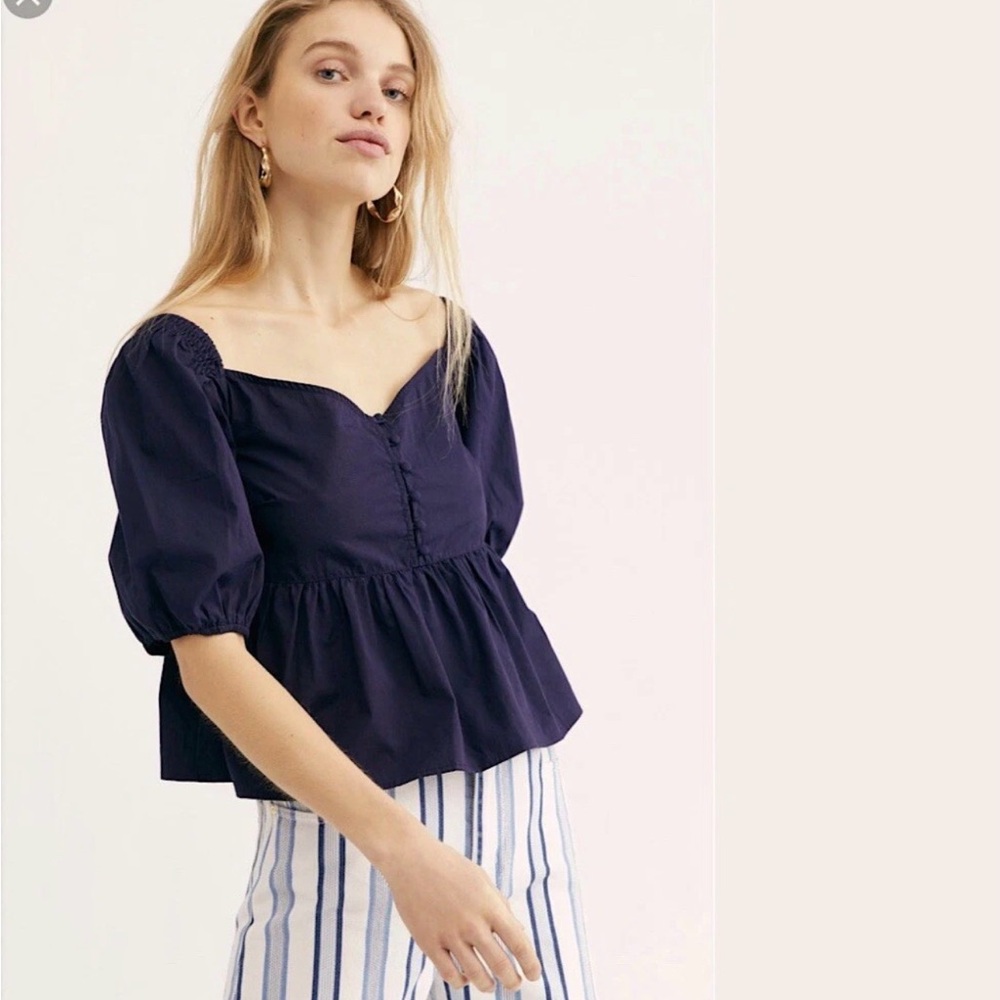 FREE PEOPLE Navy Blue Coastal Cotton Sweetheart Puff Sleeve Top Blouse Small S